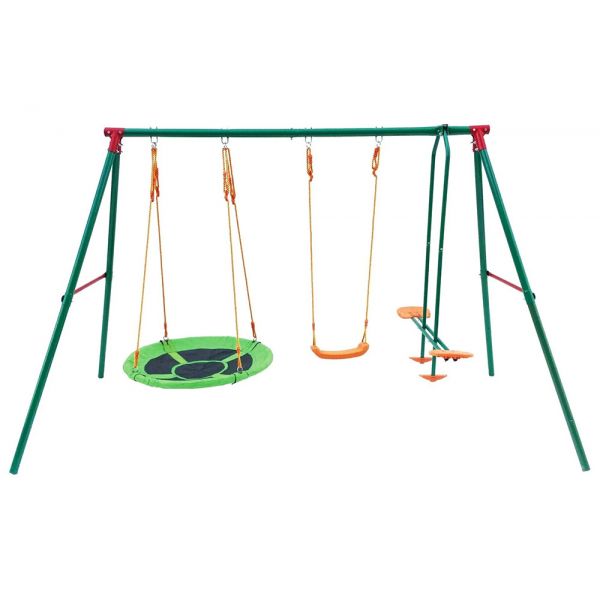 TRIPLE METAL SWING WITH SIMPLE SEAT, HORSE SEAT AND NEST 