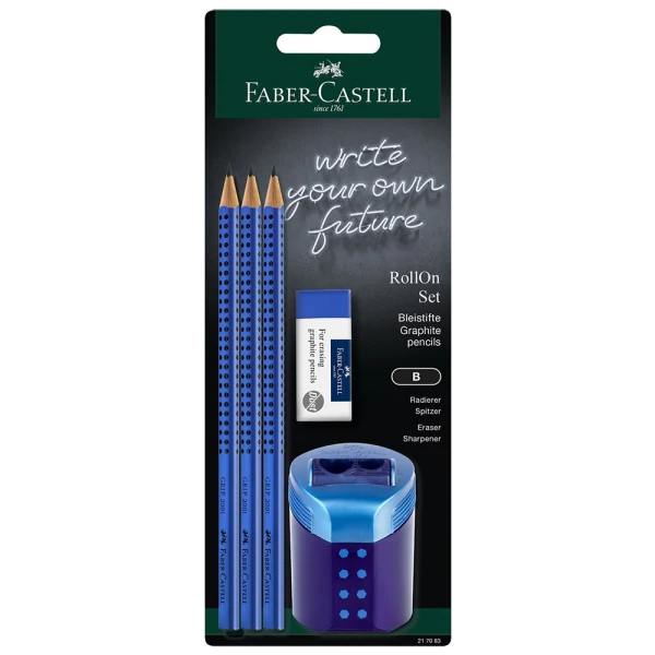FABER-CASTELL ΣΕΤ 3 ΜΟΛΥΒΙΑ GRIP ΓΟΜΑ DF ΜΕΣΑΙΑ ΚΑΙ ΞΥΣΤΡΑ ROLL ON ΜΠΛΕ