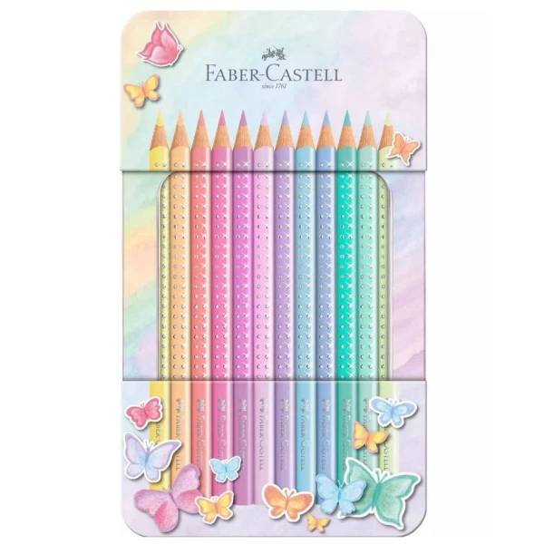 FABER-CASTELL ΜΕΤΑΛΛΙΚΗ ΚΑΣΕΤΙΝΑ ME 12 ΞΥΛΟΜΠΟΓΙΕΣ SPARKLE ΠΑΣΤΕΛ