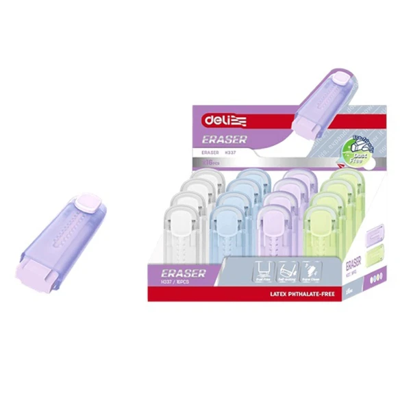 DELI ERASER 59X18X11mm IN PLASTIC CASE - 4 COLOURS