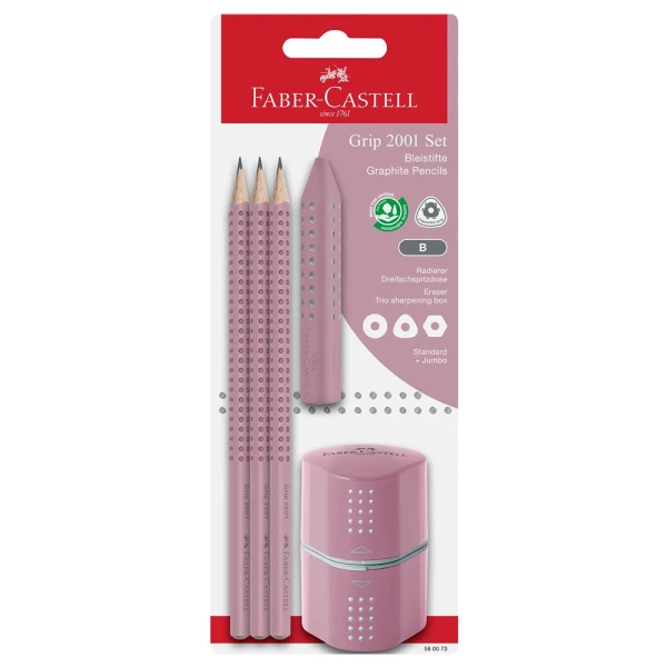 FABER-CASTELL ΣΕΤ 3 ΜΟΛΥΒΙΑ GRIP ΜΕ ΓΟΜΑ ΚΑΙ ΞΥΣΤΡΑ ΡΟΖΕ