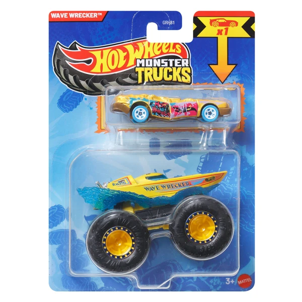 HOT WHEELS MONSTER TRUCKS VEHICLE WITH CAR - WAVE WRECKER