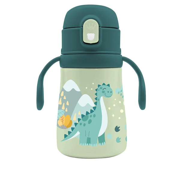 MUST TEAM STAINLESS STEEL THERMAL WATER BOTTLE 350ml WITH HANDLE & STRAW DINOSAUR
