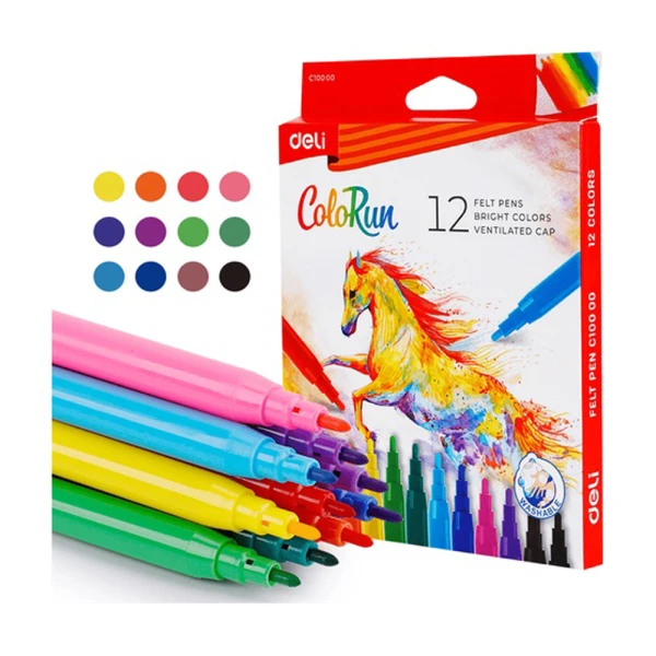 DELI WASHABLE COLORUN MARKERS 12 COLOURS 1-1.2mm