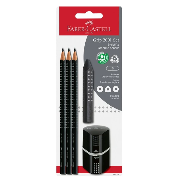 FABER-CASTELL ΣΕΤ 3 ΜΟΛΥΒΙΑ GRIP ΜΕ ΓΟΜΑ ΚΑΙ ΞΥΣΤΡΑ ΜΑΥΡΟ