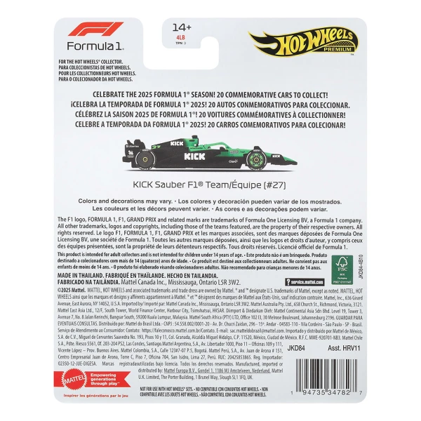 HOT WHEELS COLLECTIBLE CARS F1 - KICK SAUBER 27