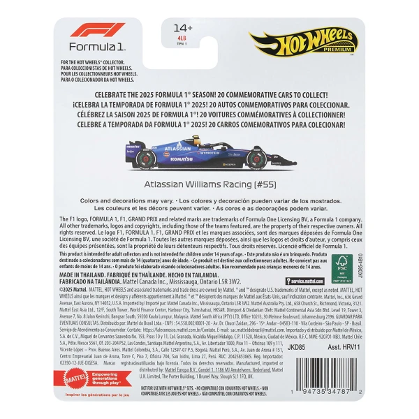 HOT WHEELS COLLECTIBLE CARS F1 - ATLASSIAN WILLIAM RACING